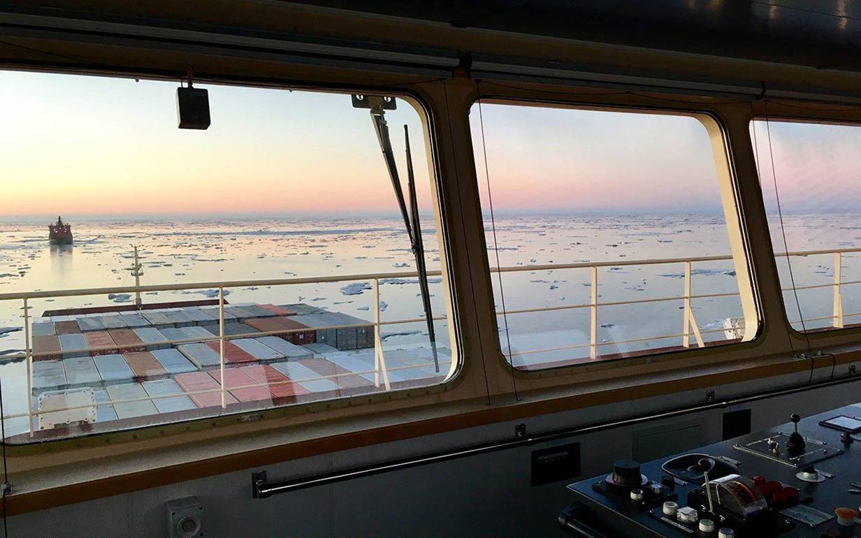 The Maersk containership Venta Maersk transits the Northern Sea Route on a one-off trial run of the Arctic route
